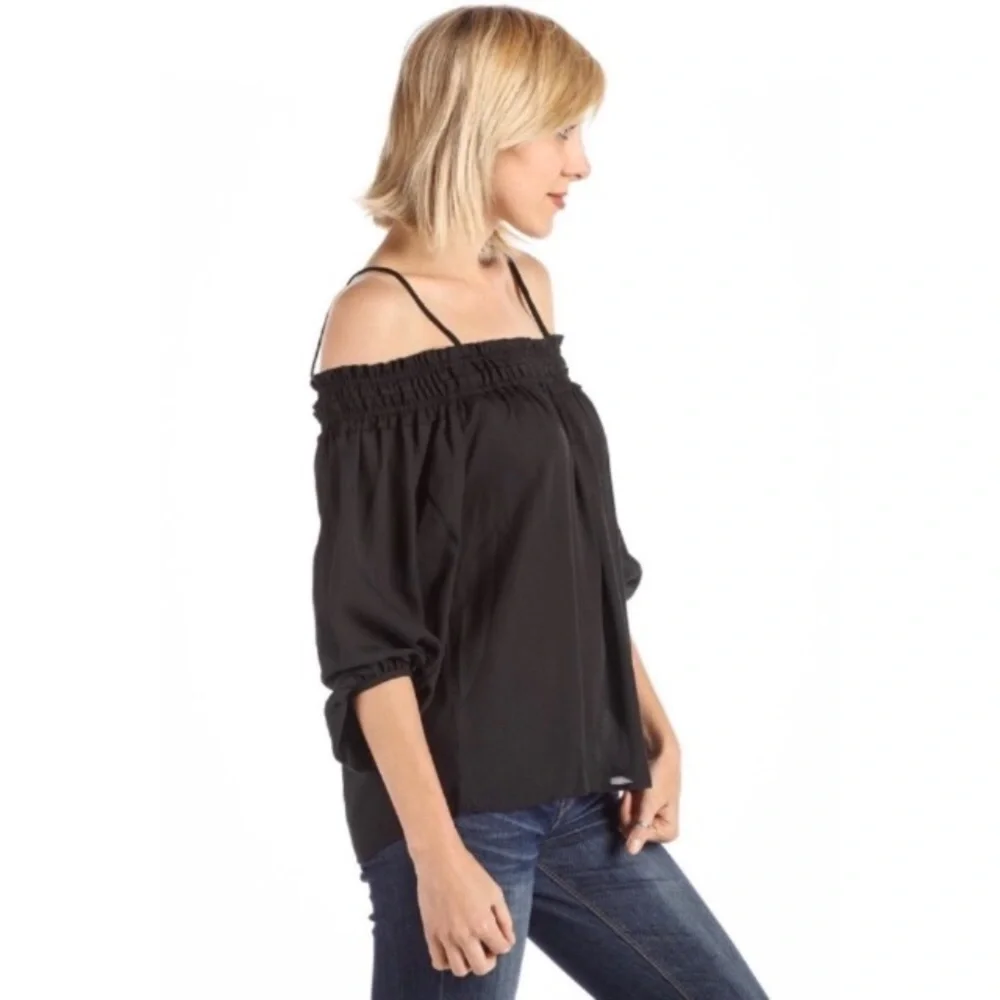 Off Shoulder Ruffled Peasant Blouse Spaghetti Strap Black - Picture 2 of 4